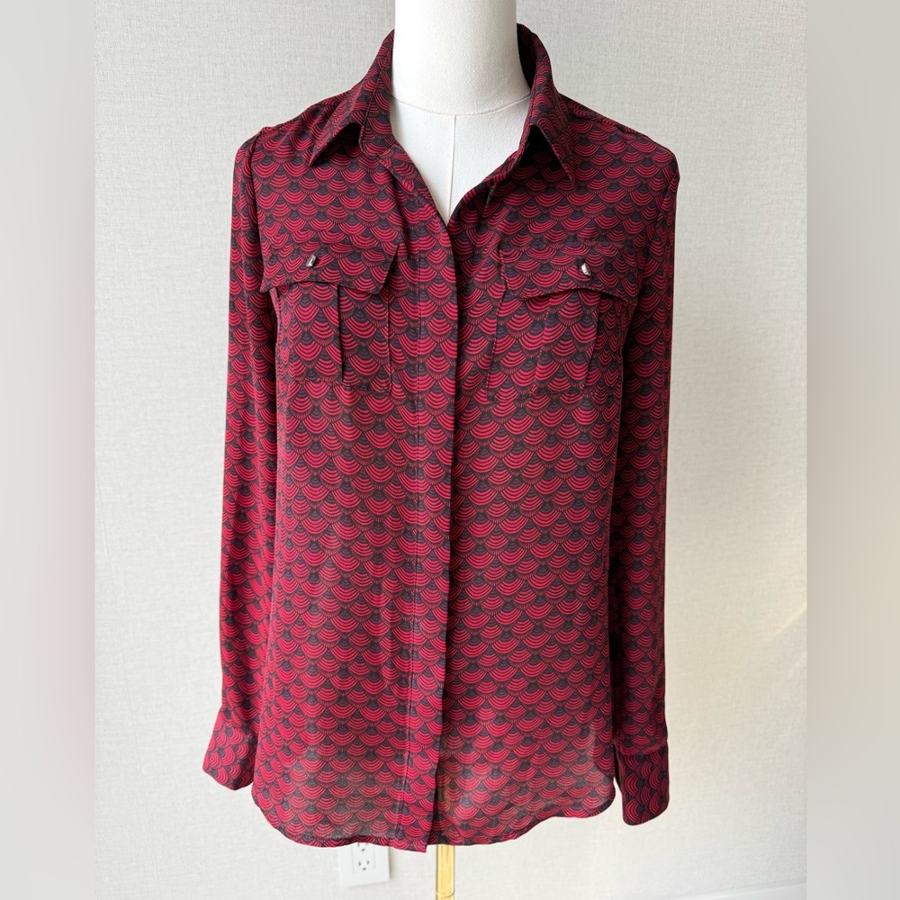 White House Black Market Red Patterned Button-Front Blouse